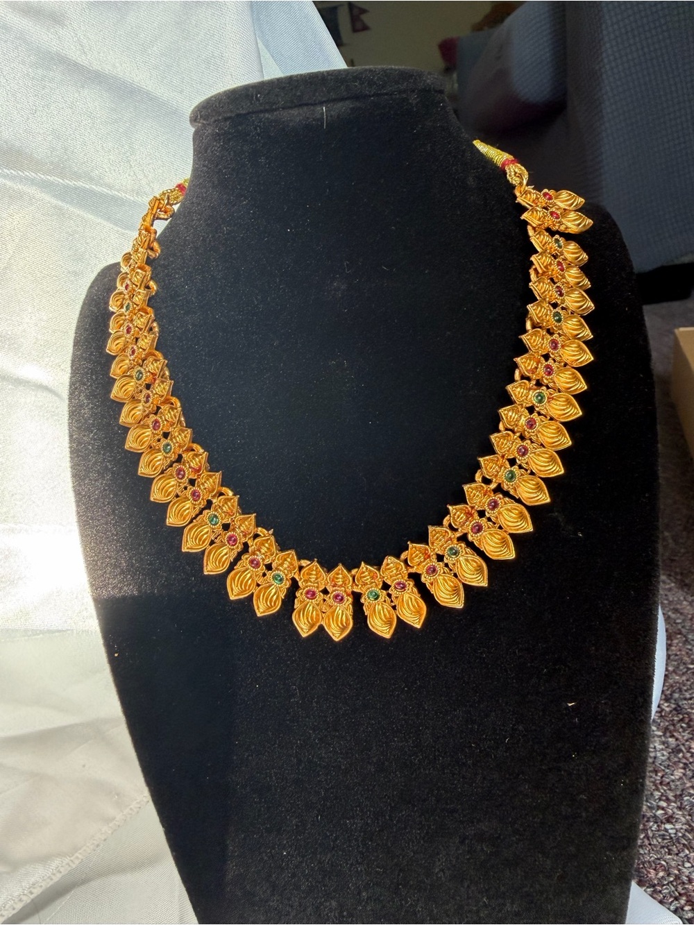 Gold-Tone Leaf Motif Necklace with Red & Green Stones - Women Jewelry